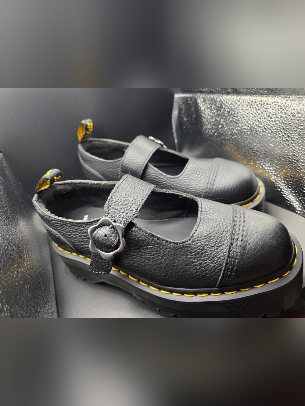 Dr. Martens Black Addina Flower Mary Jane Platform Shoes with Yellow Stitching - Picture 2 of 8